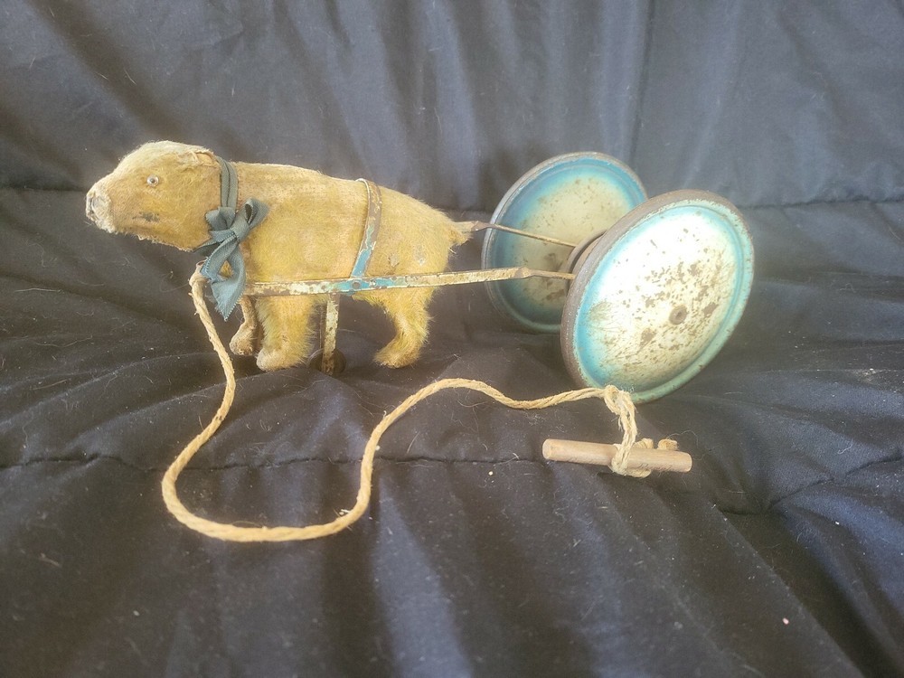Antique Mohair Teddy Bear Metal Bell Pull Toy