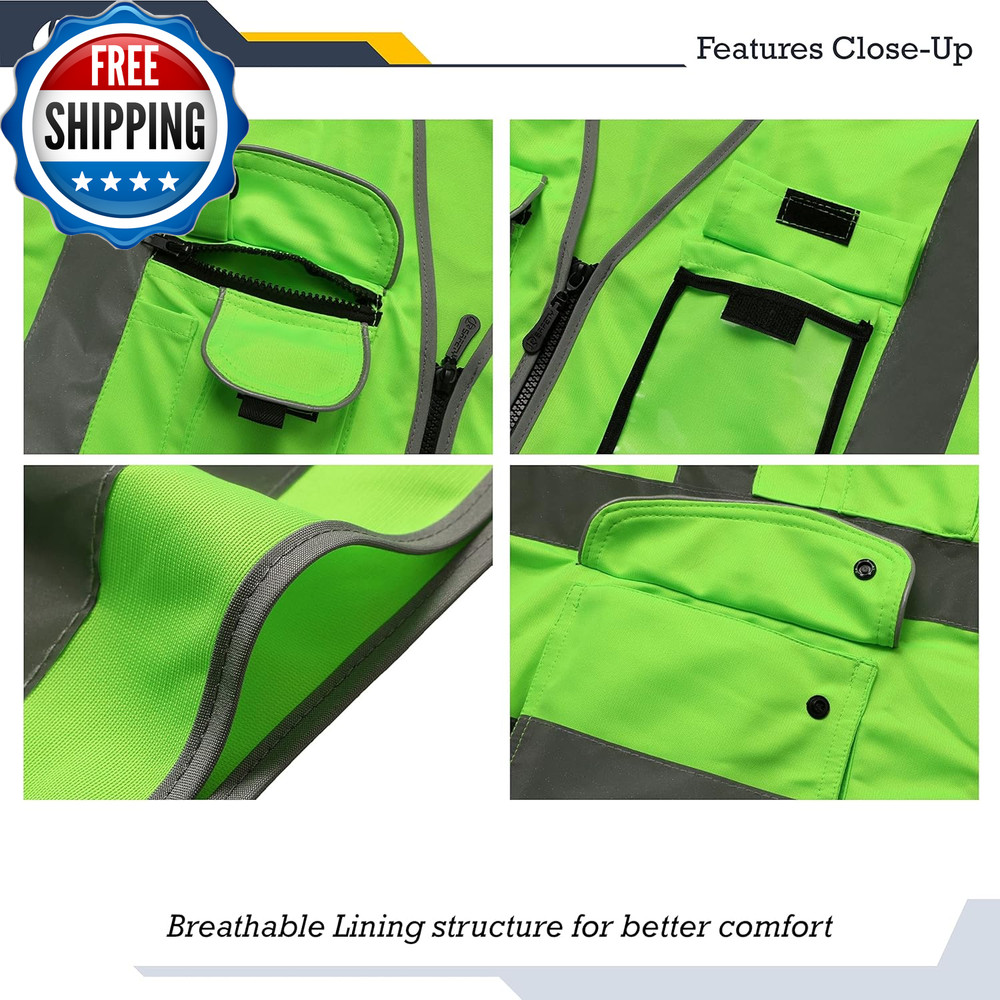 9 Pockets Class 2 High Visibility Zipper Front Safety