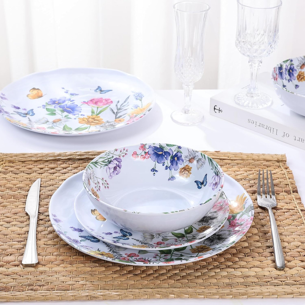 12 Piece Melamine Dinnerware Sets - Plates and Bowls Sets Floral Dinnerware Sets
