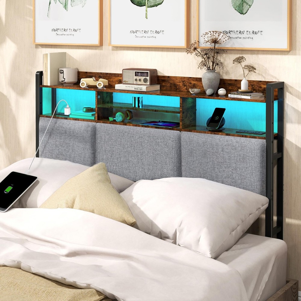 Headboard for Full Size Bed with Charging Station and Light, Full Bed Upholst...