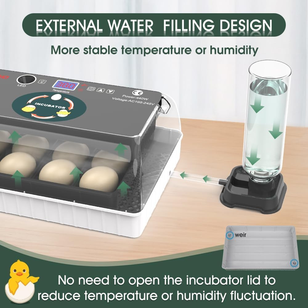 12 Egg Incubator - Automatic Egg Turner, Temperature Control, Built-In Candler,