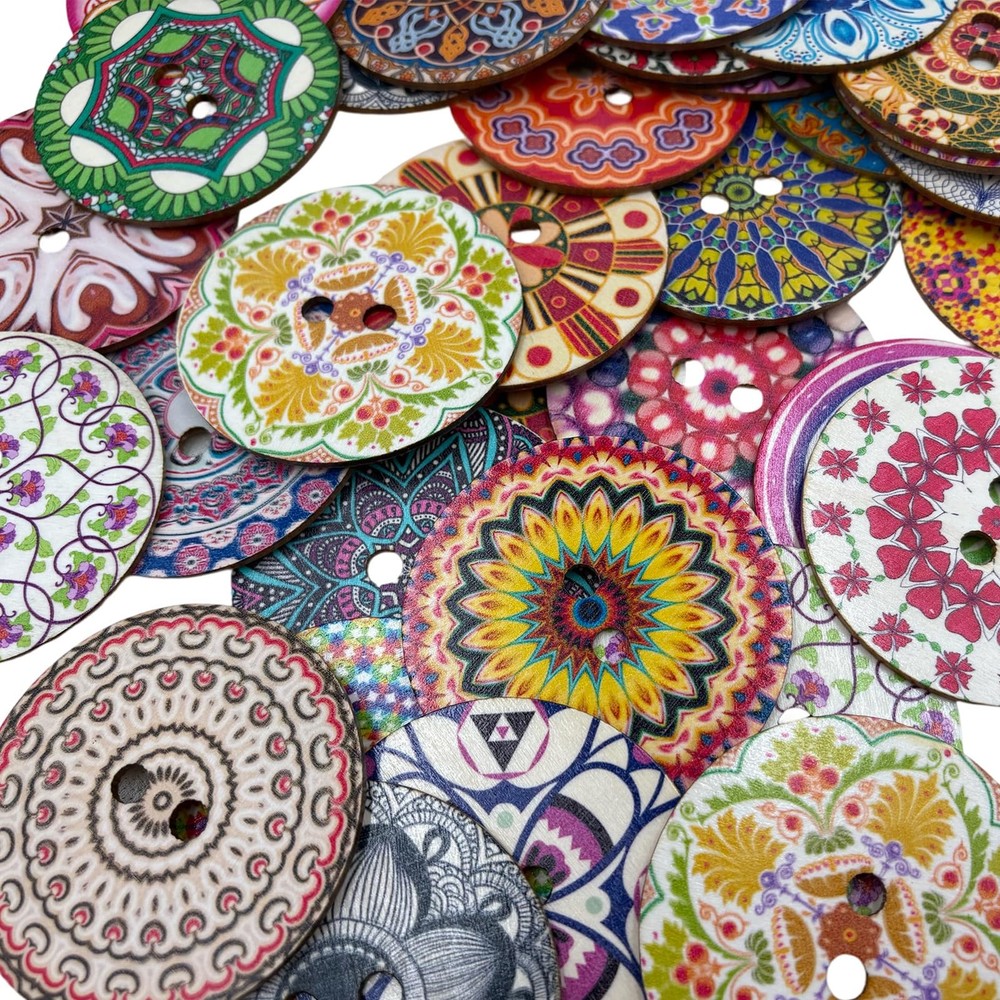 20 Pack Decorative Wood Buttons Mandala Patterns 3 Inch Multicolor Style B