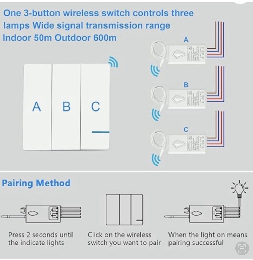 Wireless Light Switch 3 Gang Remote Mini Push Button Transmitter Indoor 160 Feet