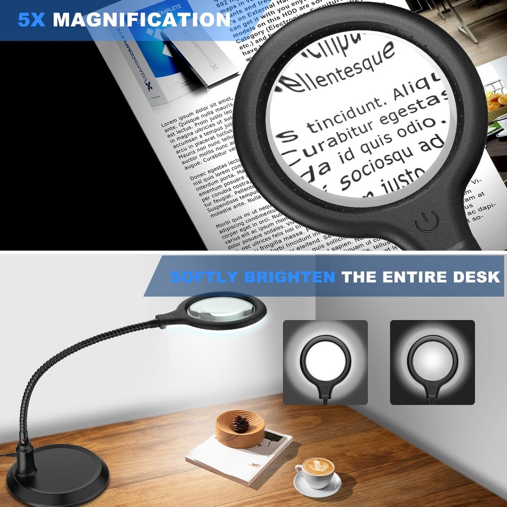 5X Dimmable Magnifying Lamp with Light Stand Hands-Free for Reading Crafts