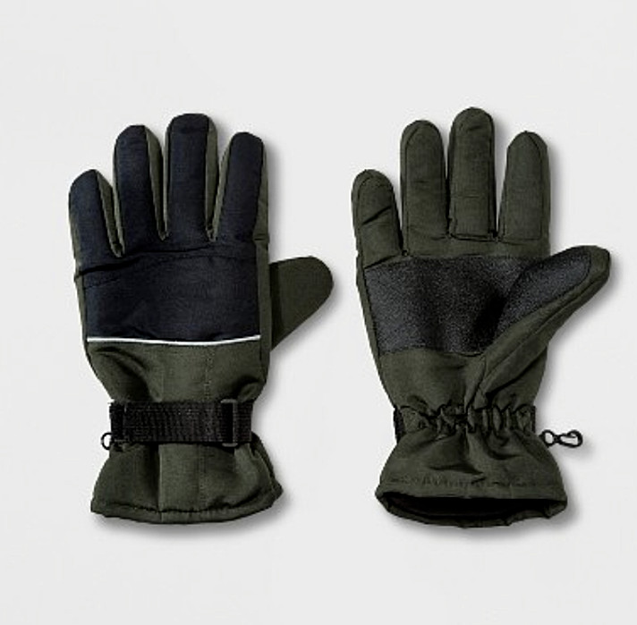 MENS M SKI WARM GLOVES WRIST HOOK & LOOP STRAP GOODFELLOW, OLIVE/BLACK