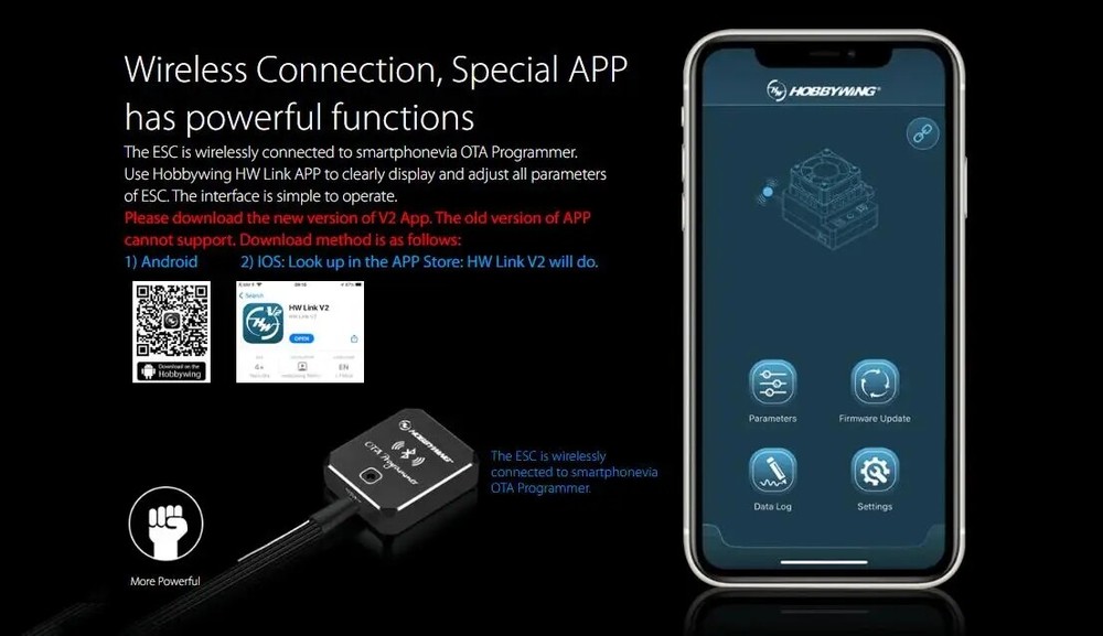 Hobbywing OTA Programmer Wireless Connected to Smartphone Bluetooth transmission