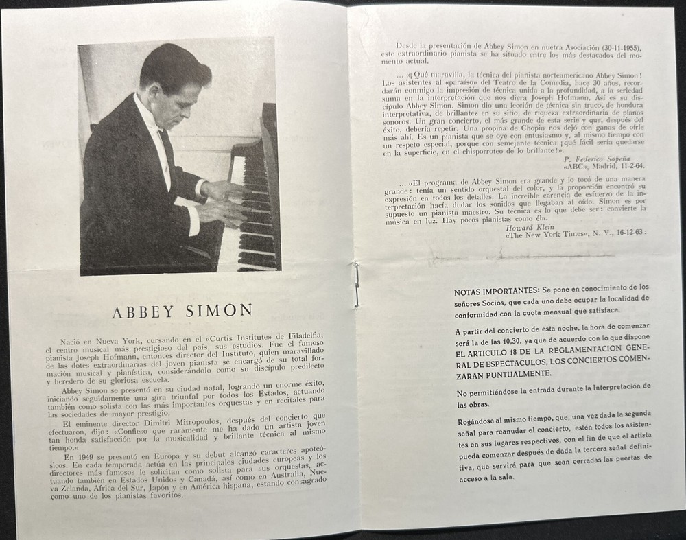 SIGNED Abbey Simon Barcelona December 1964 Program JSA COA VG+EX RARE