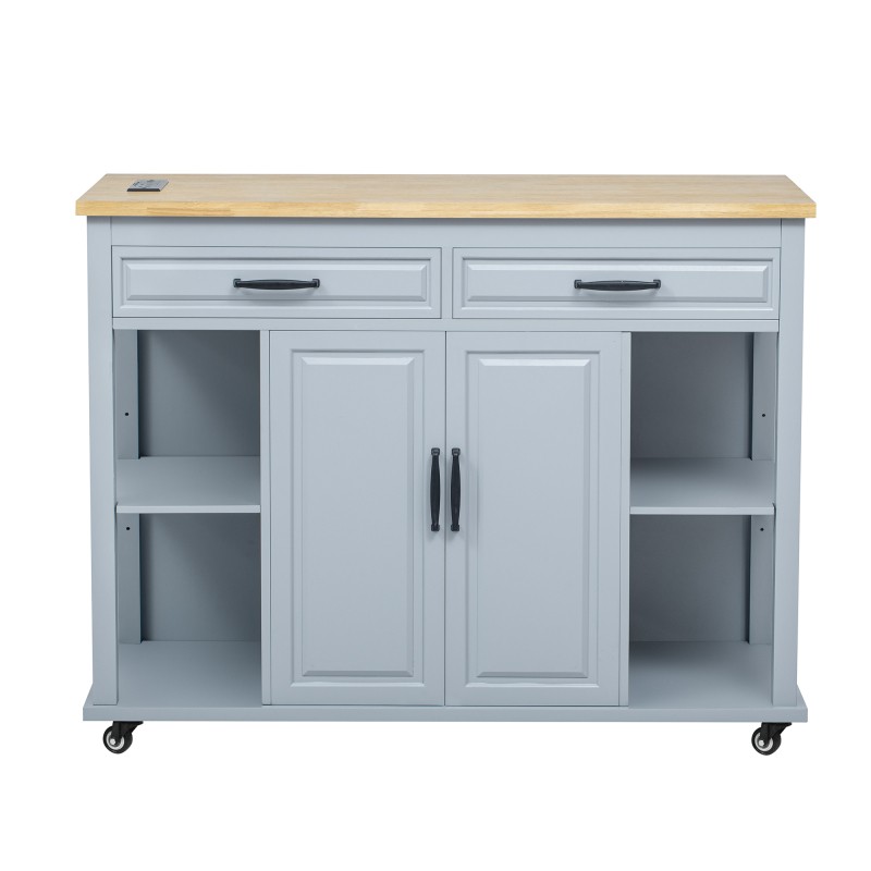 Kitchen Island with Extendable Dining Table, Rolling Wheels, Storage, Power