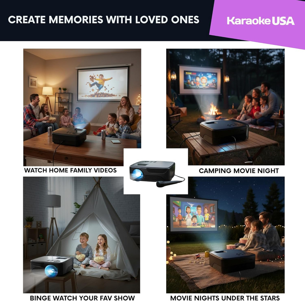 Mini Bluetooth Projector with Screen, Karaoke Microphone & Remote Control | Port