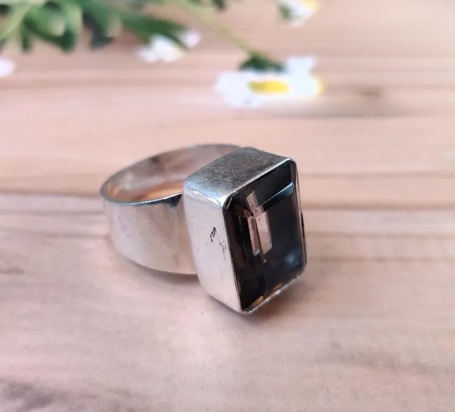 Solid 925 Sterling Silver Natural Smoky Quartz Rectangle Gemstone Wide Band Ring