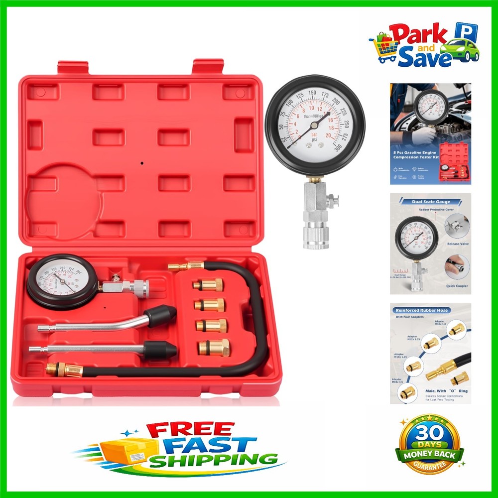 Versatile 8-Piece Compression Tester Kit with Dual-Scale Gauge for Motorcycles