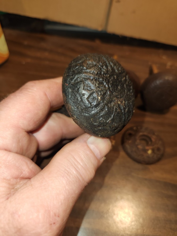 3 antique assorted metal door knobs .whimsical Victorian patterns + 2 knob escus