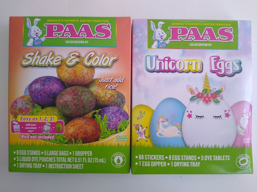 2 Easter Egg Decorating Kits PAAS Easter Tradition Unicorn eggs and Shake Color