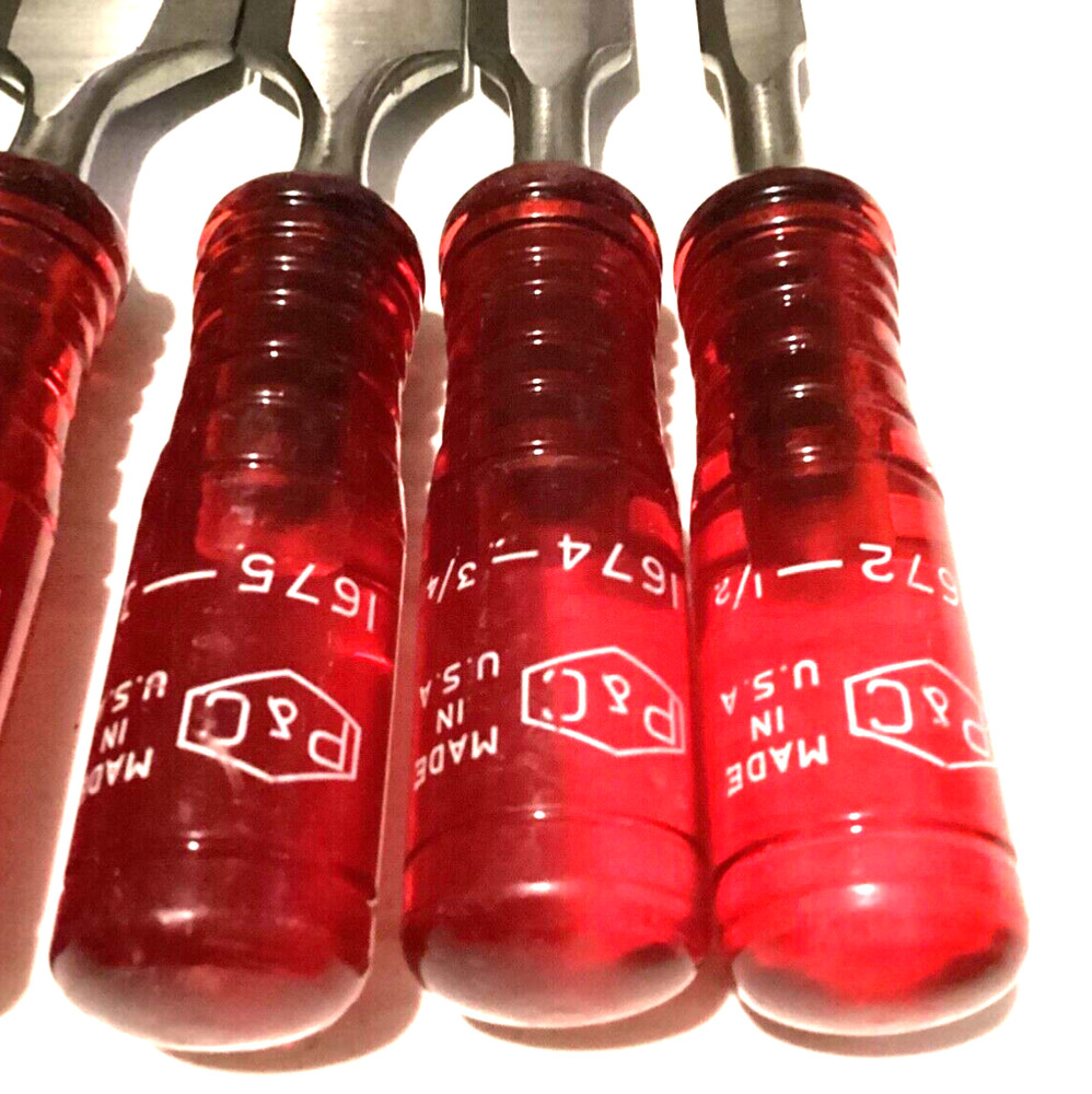 VTG P&C 5 Chisel set Permaloid Red Handle Cabinetmakers Tools RARE. 1/2”-1 1/2”