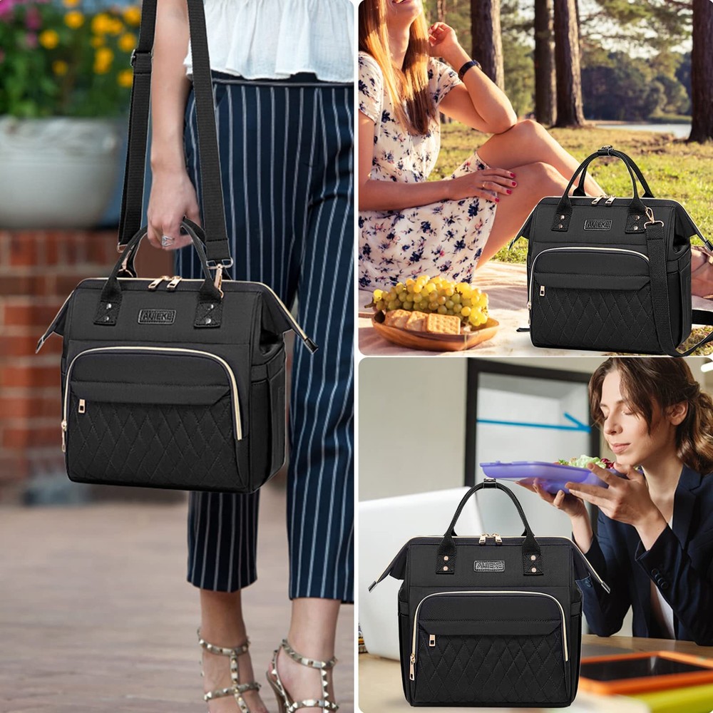 Large Insulated Lunch Bag for Work with Side Pockets & Strap Black