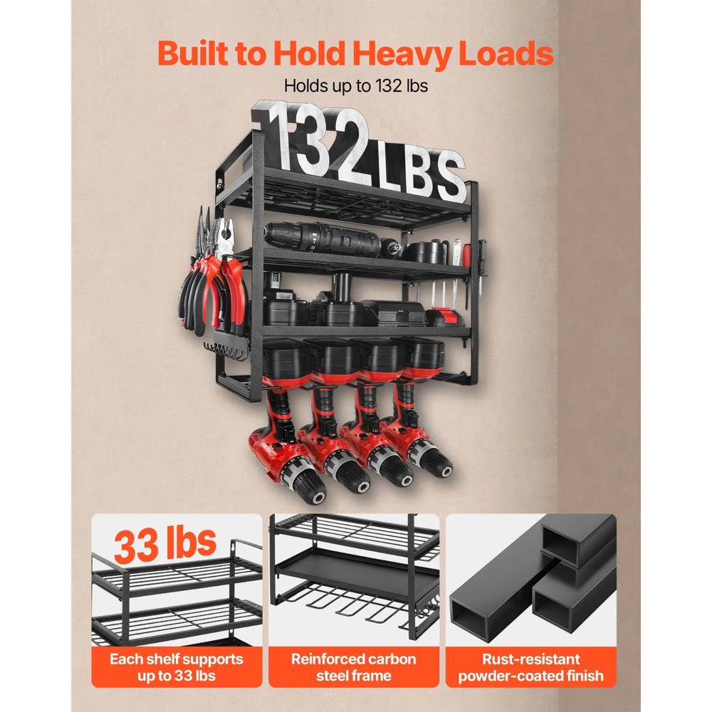 Wall Mounted Power Tool Organizer 4 Tier Drill Holder Storage Rack Garage