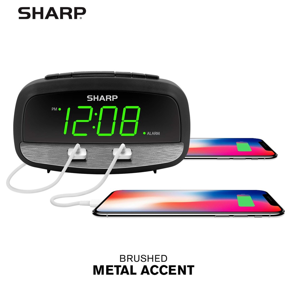 Sharp Digital Clock with Alarm and Dual USB FastCharge Charging Green Led
