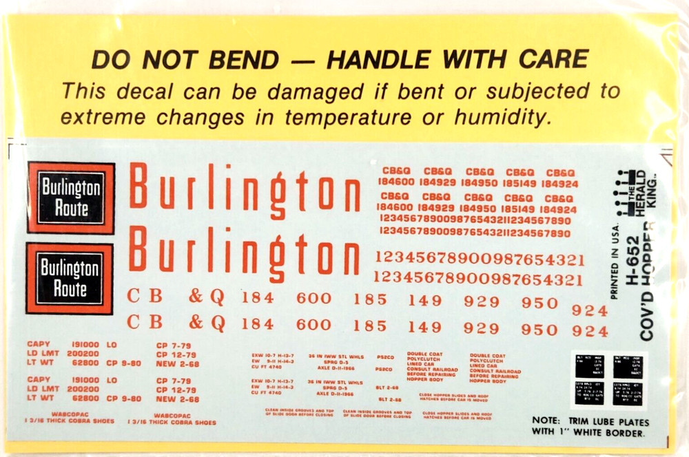 Herald King HO Scale Decals #H-652 CB & Q Covered Hopper