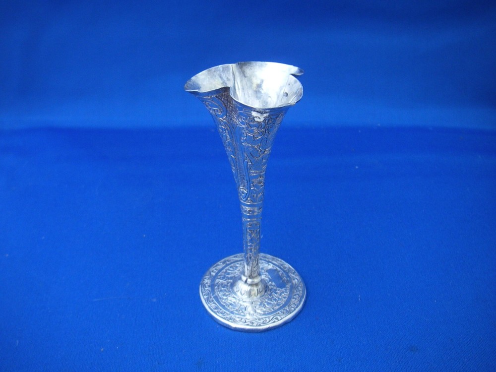 Early Small MIDDLE EASTERN / INDIAN Silver BUD VASE-Engraved Figures & Flowers