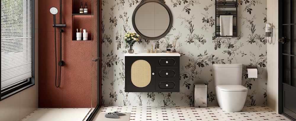 30" Mid-Century Bathroom Vanity: Ceramic Sink, 2 Drawers, Large Storage