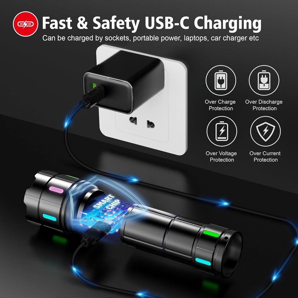 SKYFIRE 1500000LM LED Flashlight Rechargeable Zoom Fire Starter Waterproof
