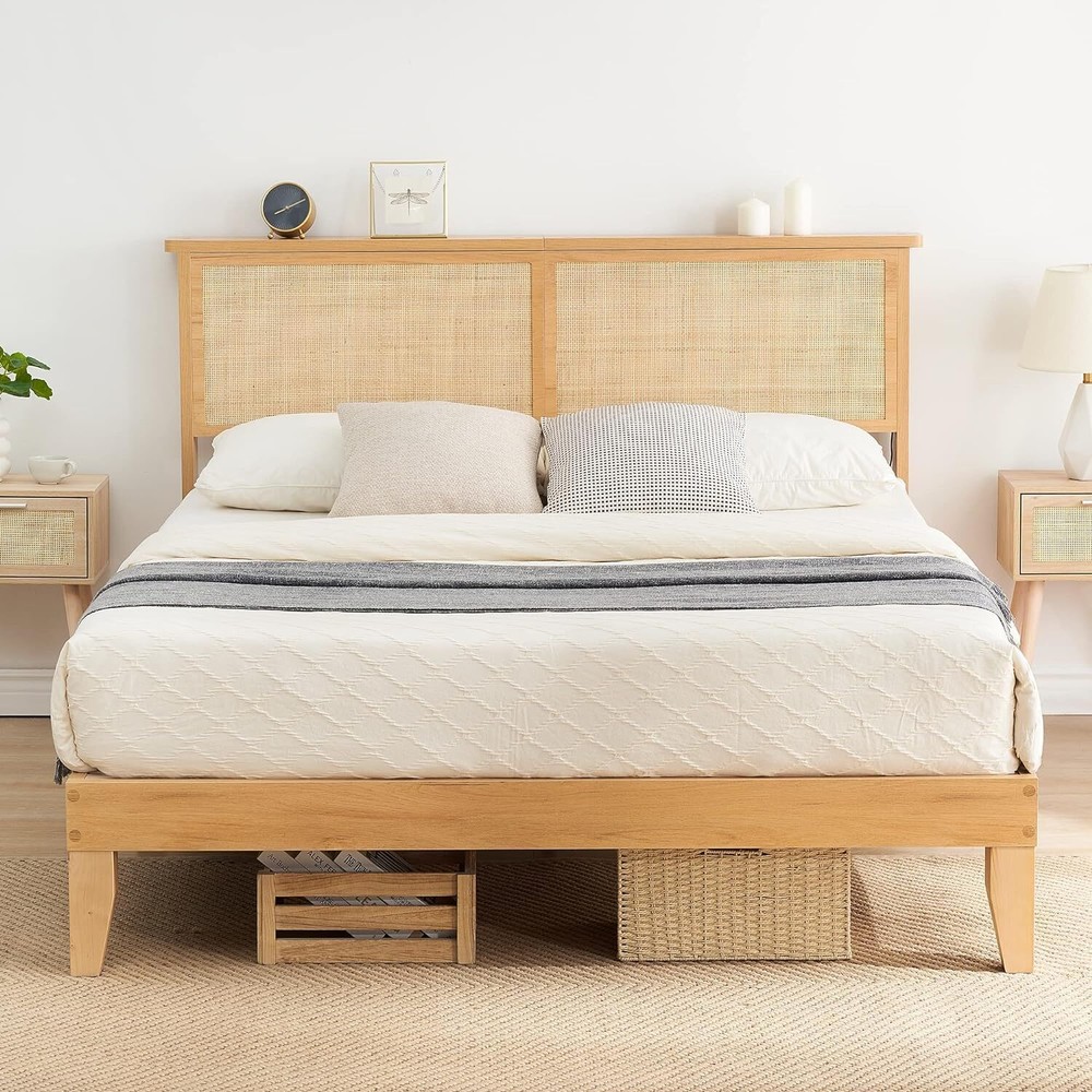Full Bed Frame W/Rattan Headboard Platform Bed Frame LED Lights Wood Headboard