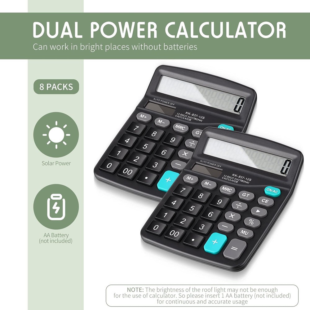 8 PCS Black 12-Digit Solar Basic Desktop Calculator Large Display Dual Power