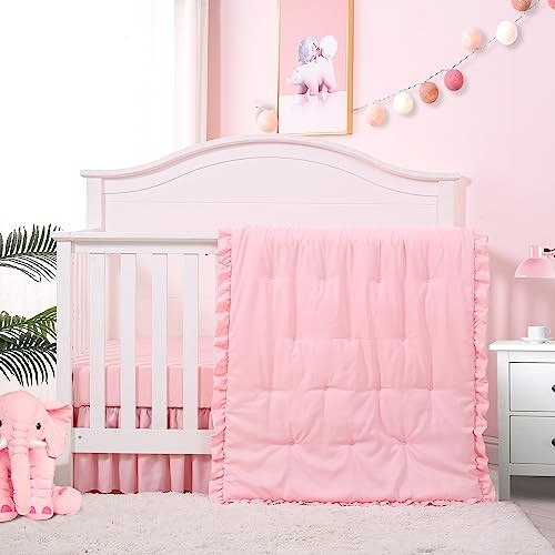 3 Pieces Crib Bedding Set for Girls- Solid Ruffle Quilted Includes Pink