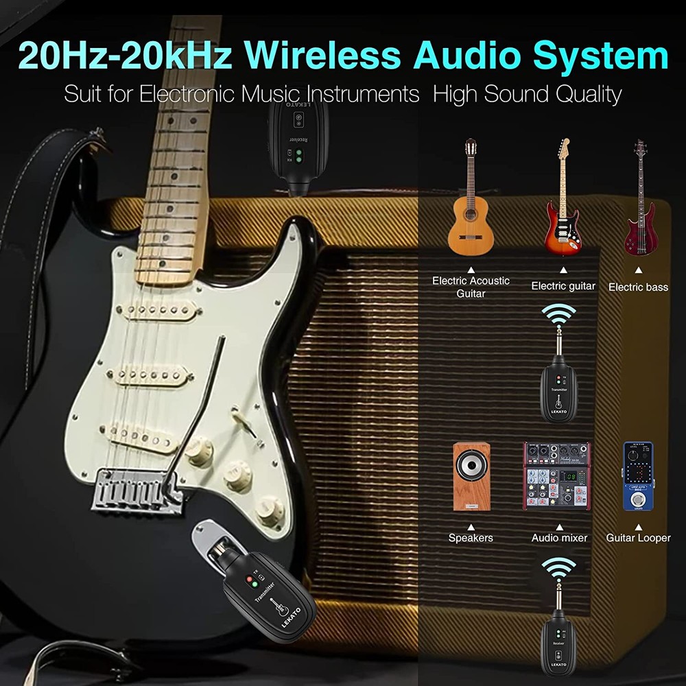 LEKATO UHF Wireless Guitar System Transmitter Receiver 4 Channel Rechargeable
