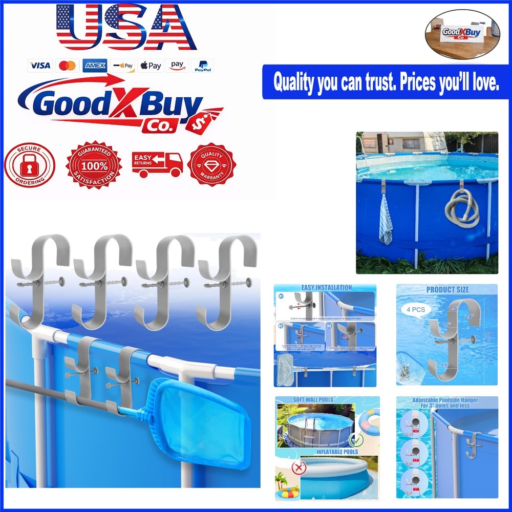 4 Pcs Gray Poolside Pool Leaf Skimmer Net Holder Adjustable Telescopic Hooks ...
