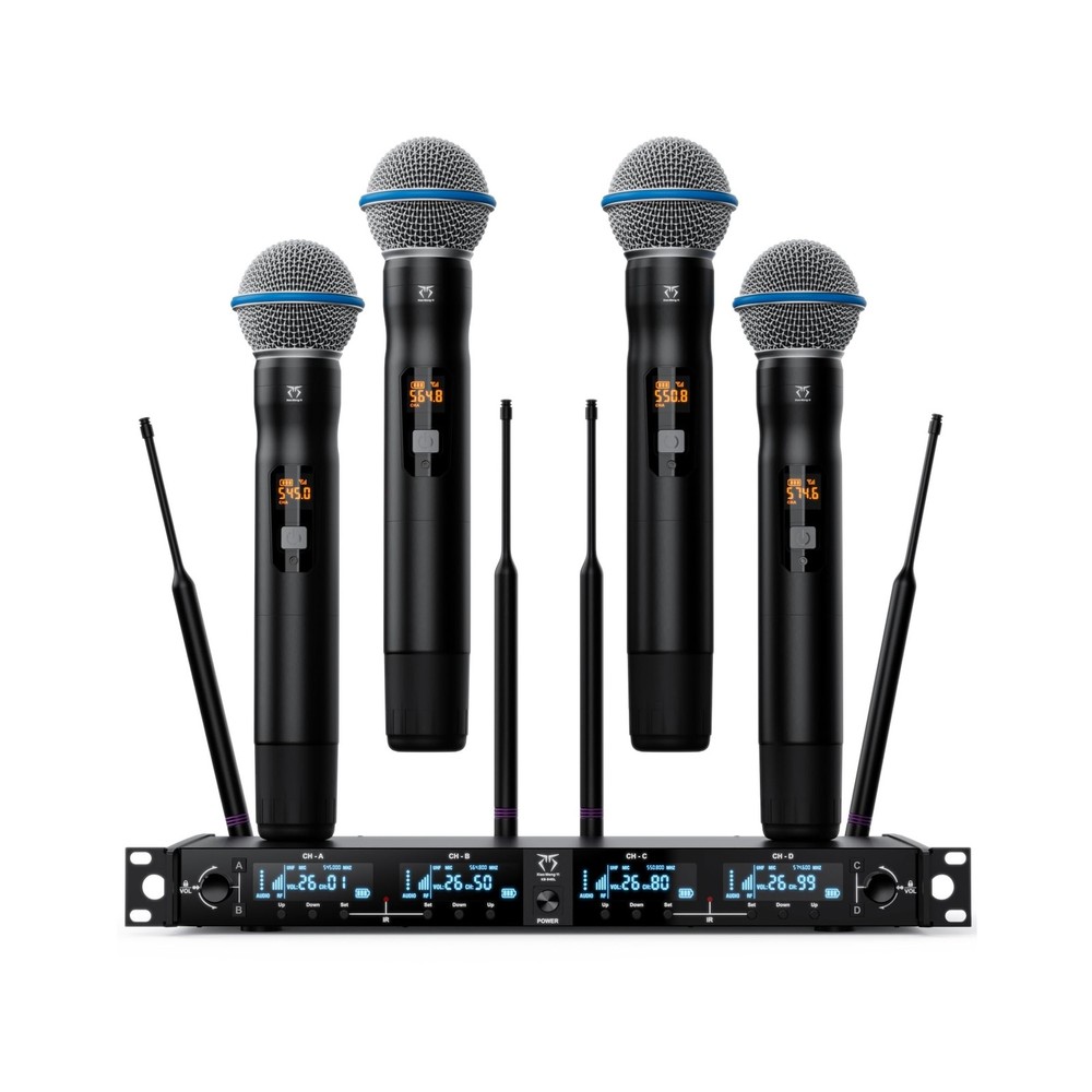 4-Channel Wireless Microphone System, 4 Handheld Dynamic Mic, 200 UHF Frequen...