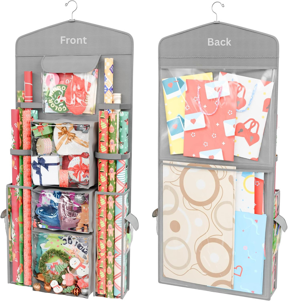 Hanging Double Sided Christmas Wrapping Paper Storage Organizer with Multiple Po