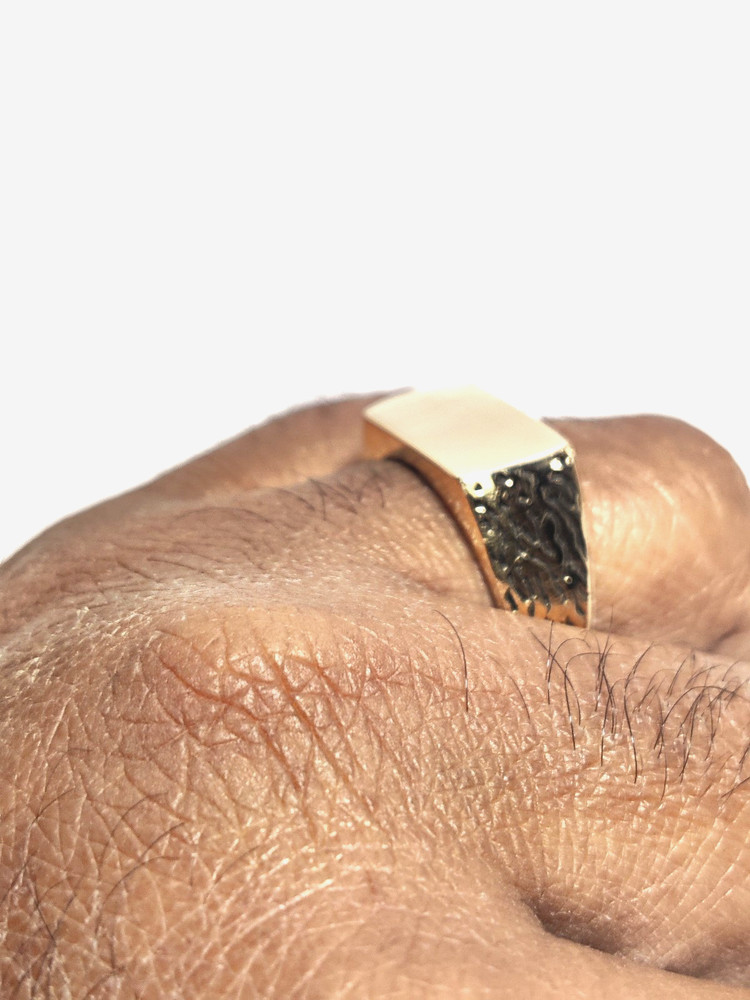 Solid 925 Sterling Silver Gold Plated Rectangle Signet Ring - Textured Men's Ban