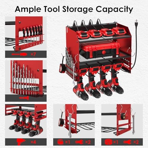 Power Tool Organizer Wall Mount with Charging Station, 4 Drill Holder Built