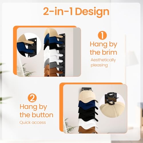 2 Pack Black Hat Organizer - Hat Rack for Wall & Cap Organizer, Strong