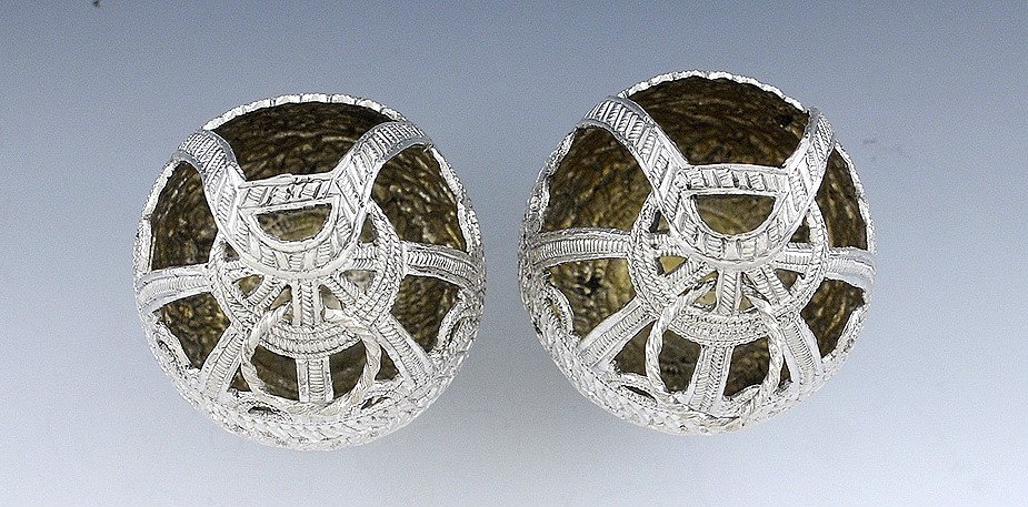 Great Antique Pair Silver Openwork Egg-Form Baskets - India? c1870s
