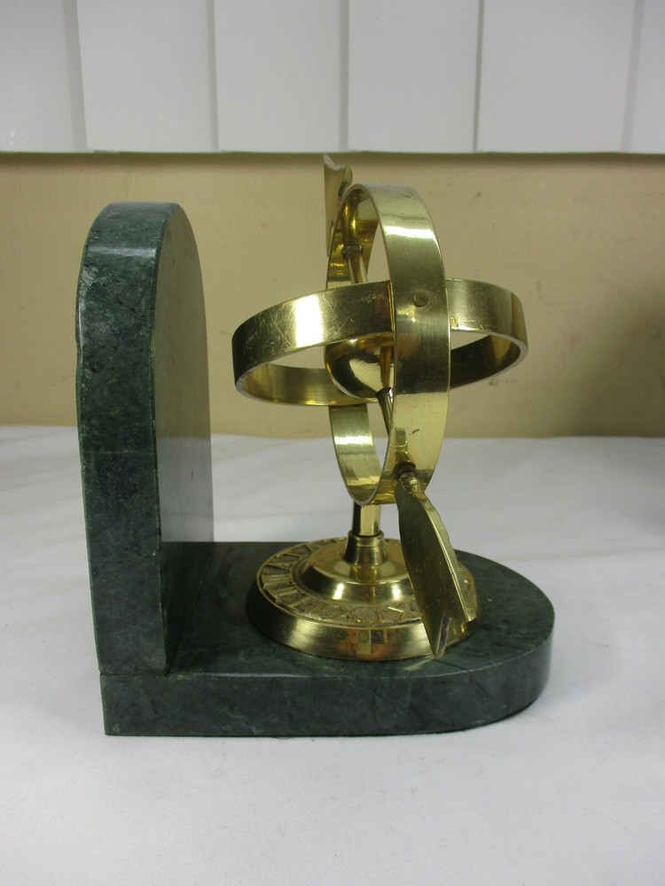 Vintage Ornate Solid Brass Armillary Sundial Arrow Marble Bookends