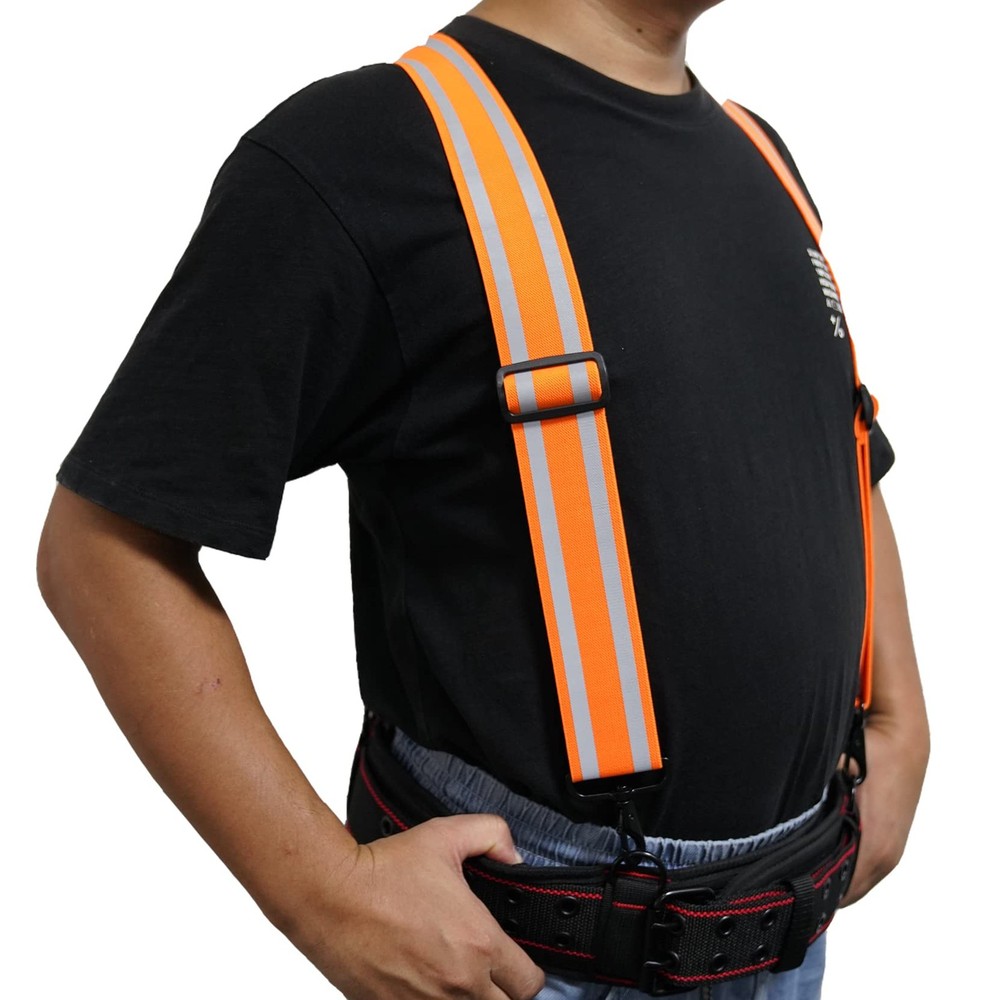 Men Reflective Work Suspenders 2" Elastic High Visibility Tool Belt Snap Hooks