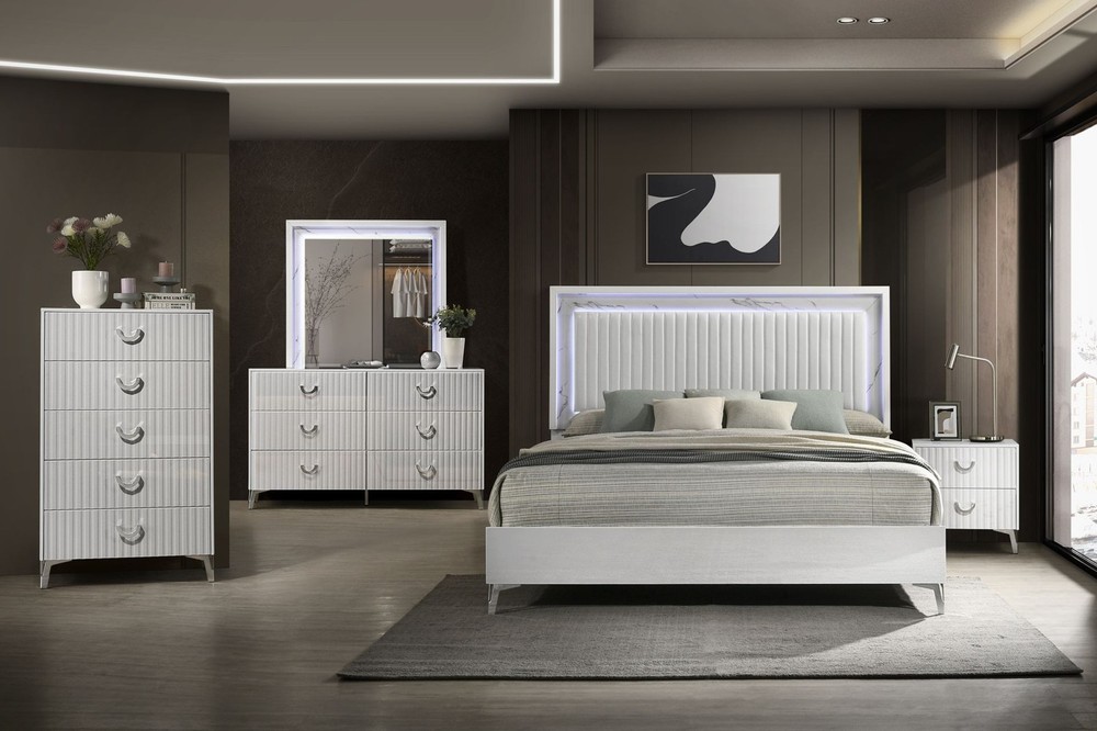 Modern 5pc LED Light Upholstered Headboard Queen Bed Bedroom Set White