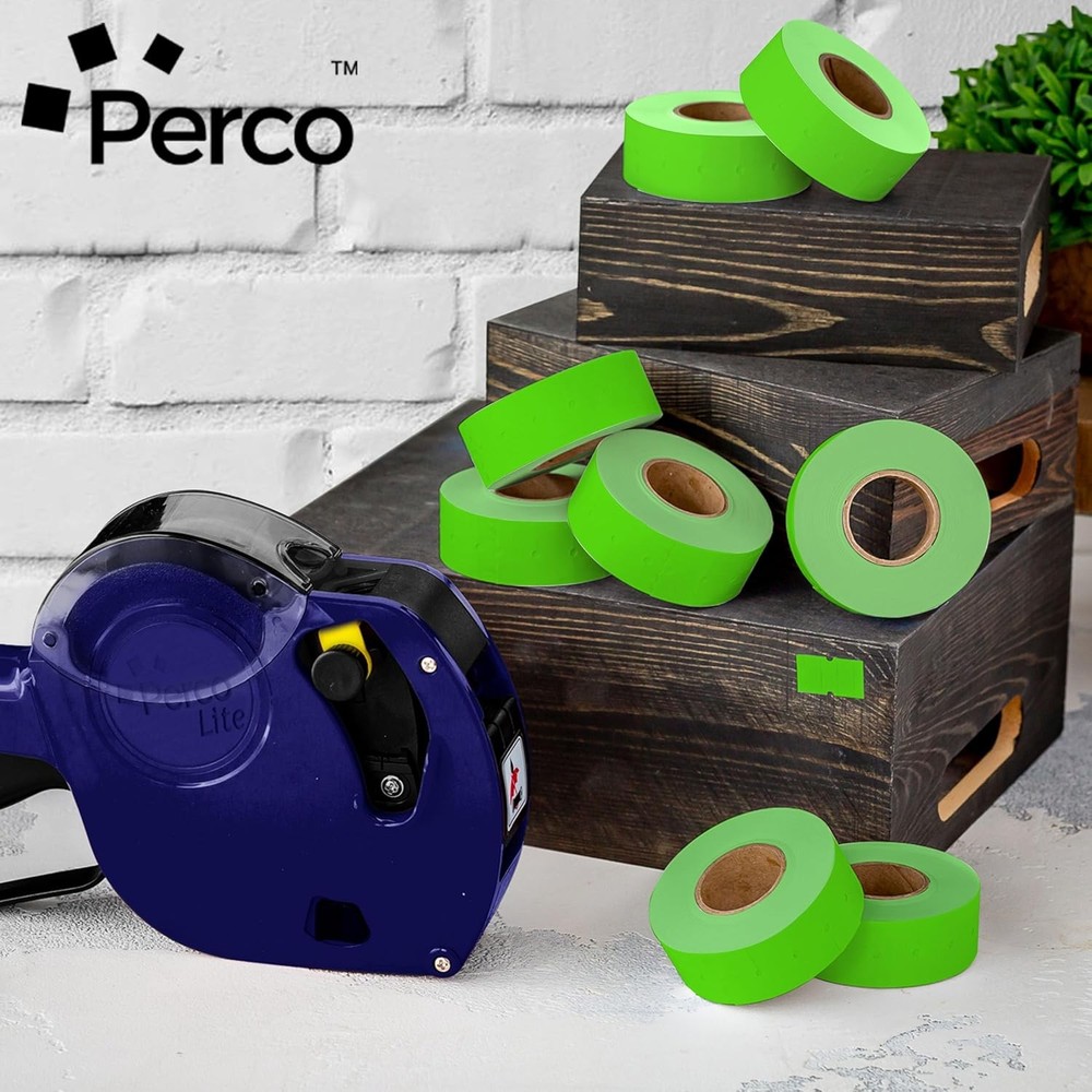 Perco 1 Line Fluorescent Green Labels - 8 Rolls, 1 Sleeve,