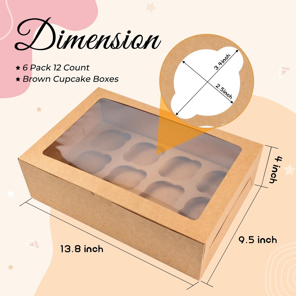 6 Pack Cupcake Boxes 12 Count Container Window Cardboard Food Grade Brown