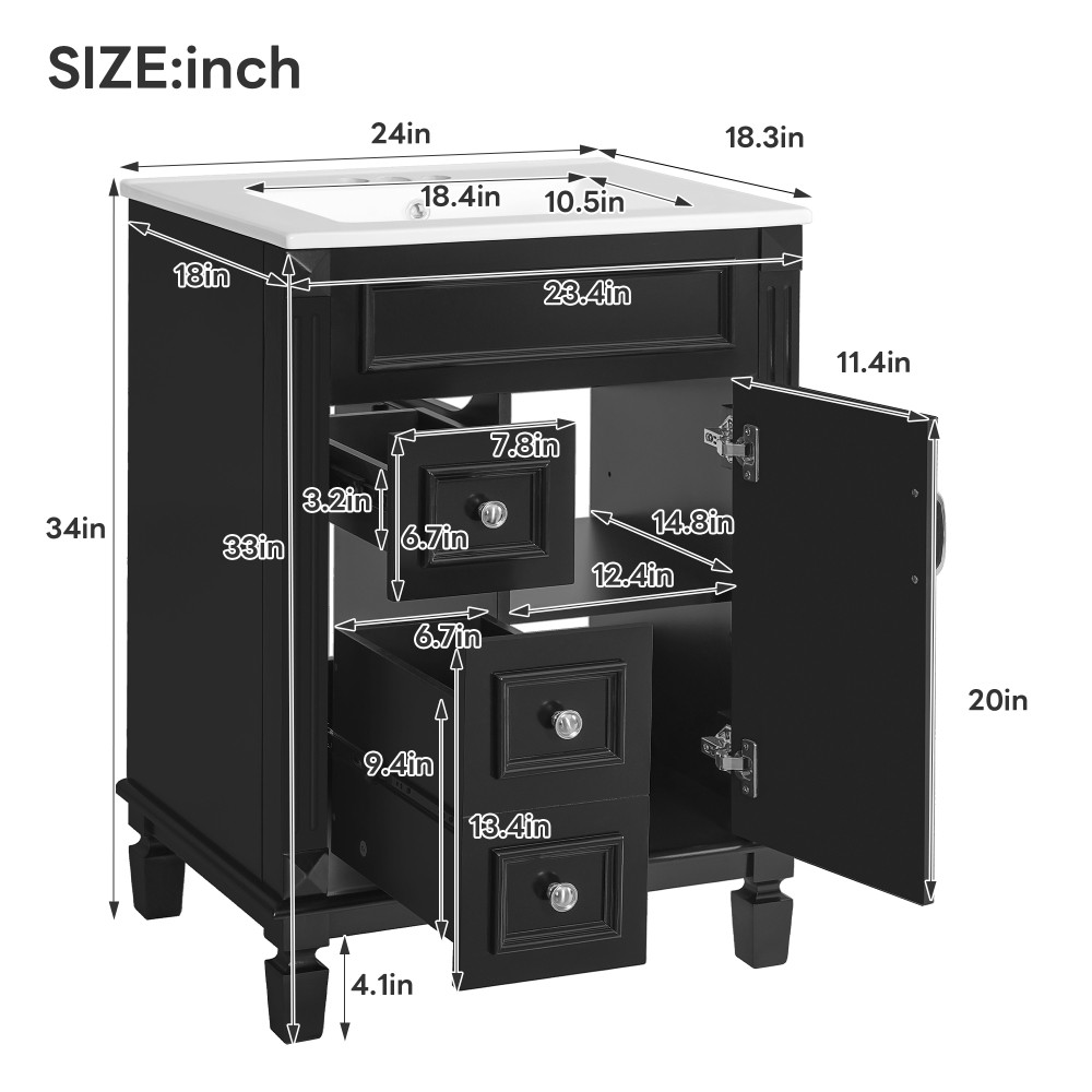 Bathroom vanity W ceramic sink Features two drawers Includes adjustable shelves