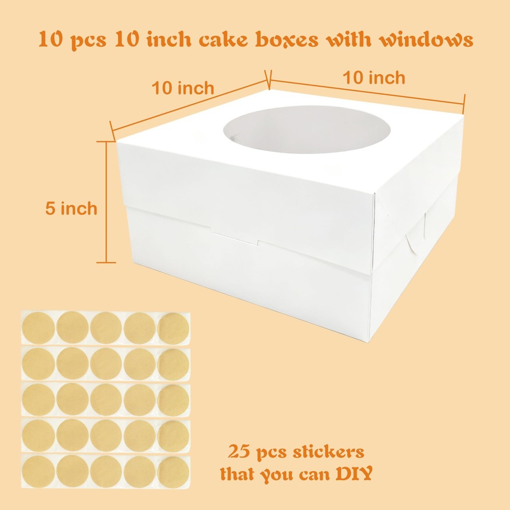 25 Pack Cake Boxes 10x10x5 Inches Cake with Windows, White Square Bakery Boxe...