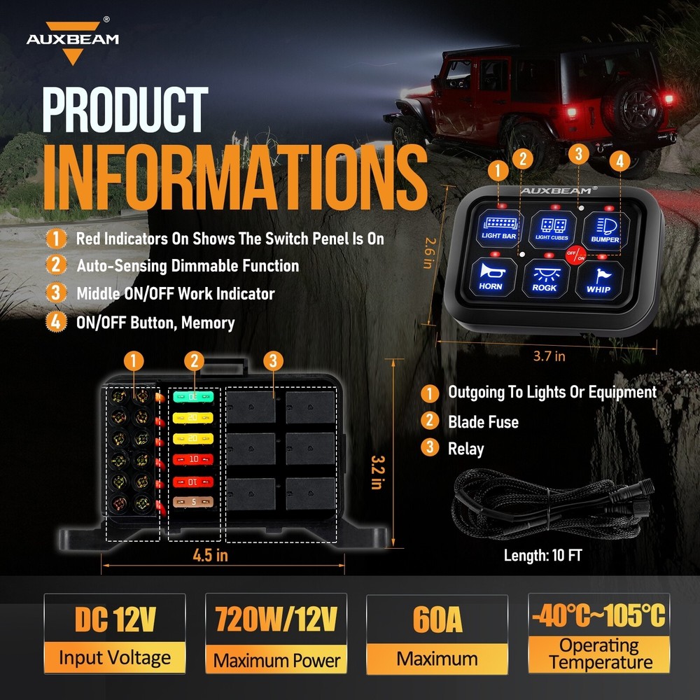 AUXBEAM 6 Gang Switch Panel Light Control Box Green Backlit for Polaris UTV ATV
