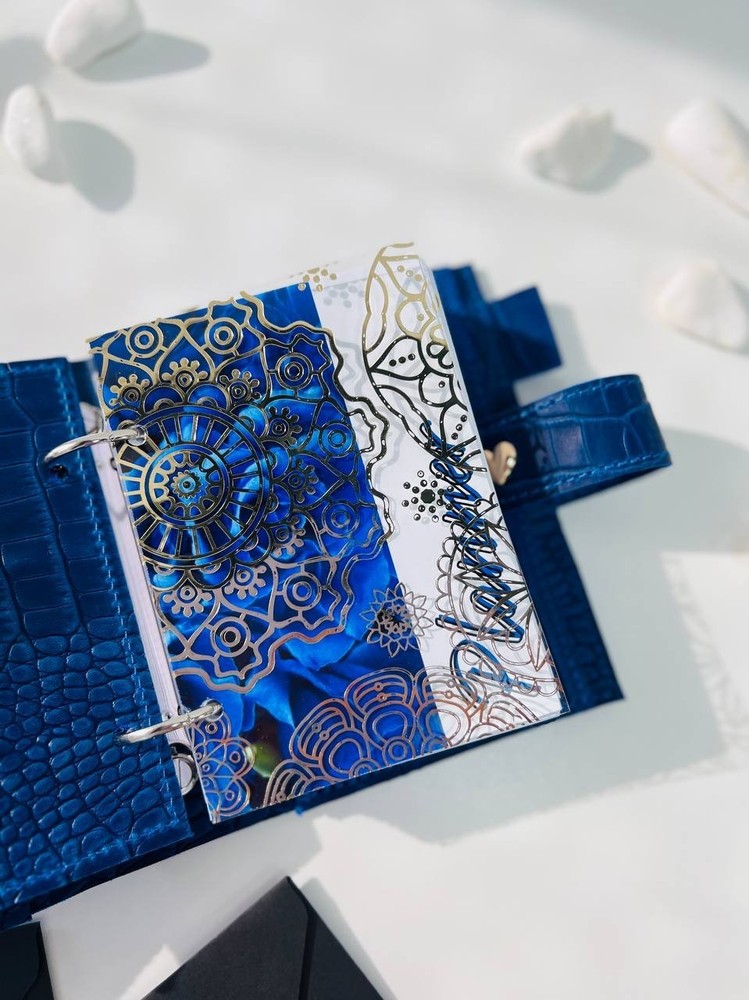Blue leather notebook cover A7 2 rings mini wallet, Mini Planner Binder.