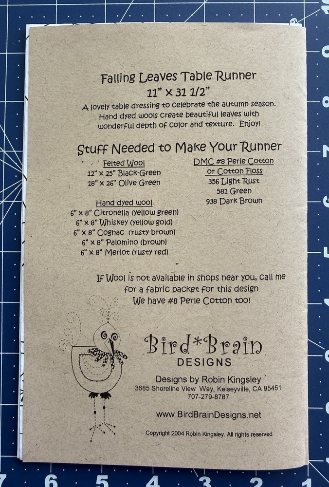 Bird Brain Designs FALLING LEAVES Table Runner Pattern 11" x 31.5" UNCUT