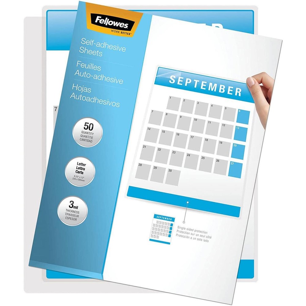 Fellowes Self Adhesive Laminating Sheets, 3mil Letter, 50 Pack, Clear