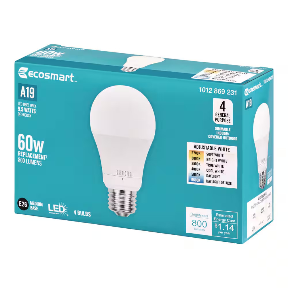 60-Watt Equivalent A19 E26 Base Dimmable LED Light Bulb with Selectable Color Te
