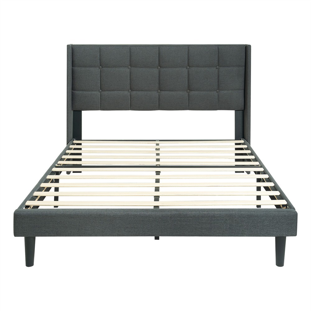Queen Size Bed Frame Upholstered Platform Bed Frame w/ Headboard Drak Grey