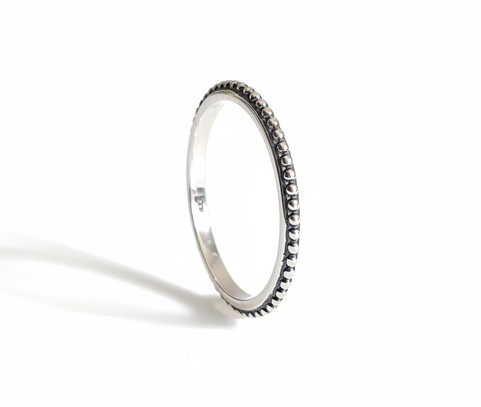 Sterling Silver Bali Beaded Thin Band Ring